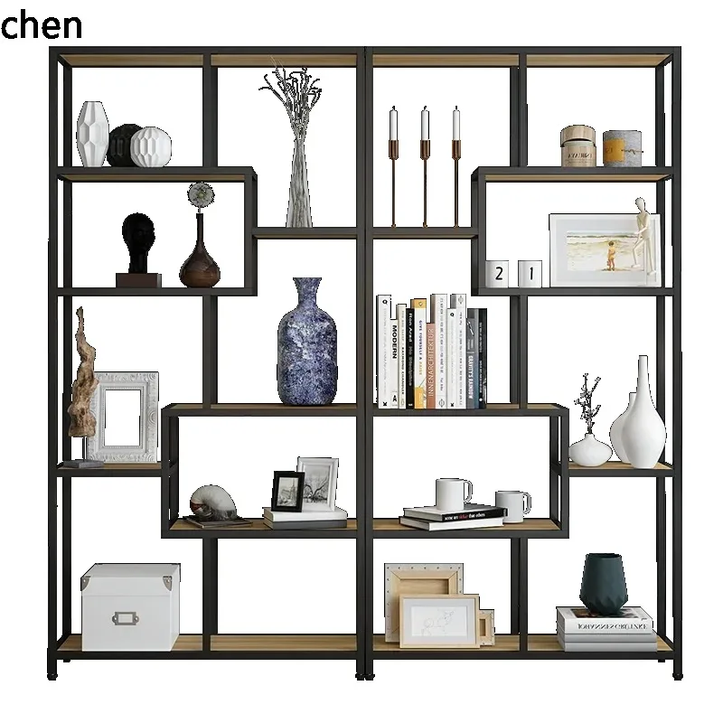 Iron Art Floor-standing Steel-wood Storage Rack Living Room Partition Screen Bookshelf Display Rack Modern Minimalist