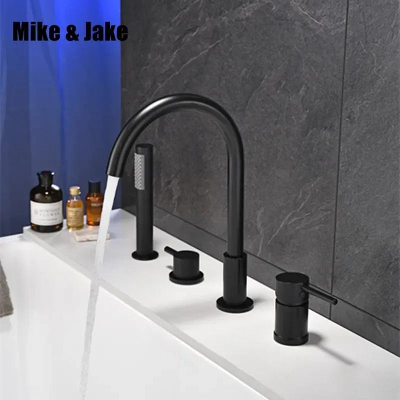 Black Waterfall Bathtub mixer with brass hand shower double function black bath faucet deck mounted bath shower faucet MJ04118H