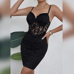 2024 Summer V Neck Low Cut Backless Hottie Sexy Package Hip Dress Hollow-cut Lace Patchwork Halter Skirt Waist Sheer Mesh Design