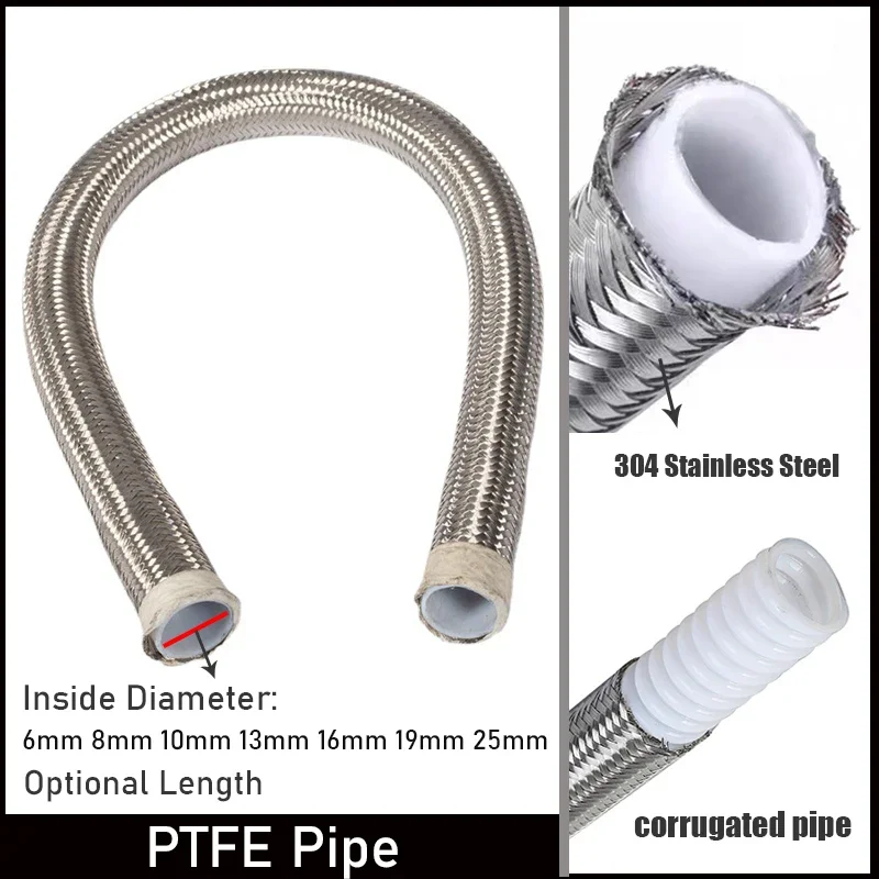 Universal 6~25MM Fuel Injection Line Hose Oil Gas Cooler Line Pipe Tube  Inside PTFE Stainless Steel Braided Corrugation Hose