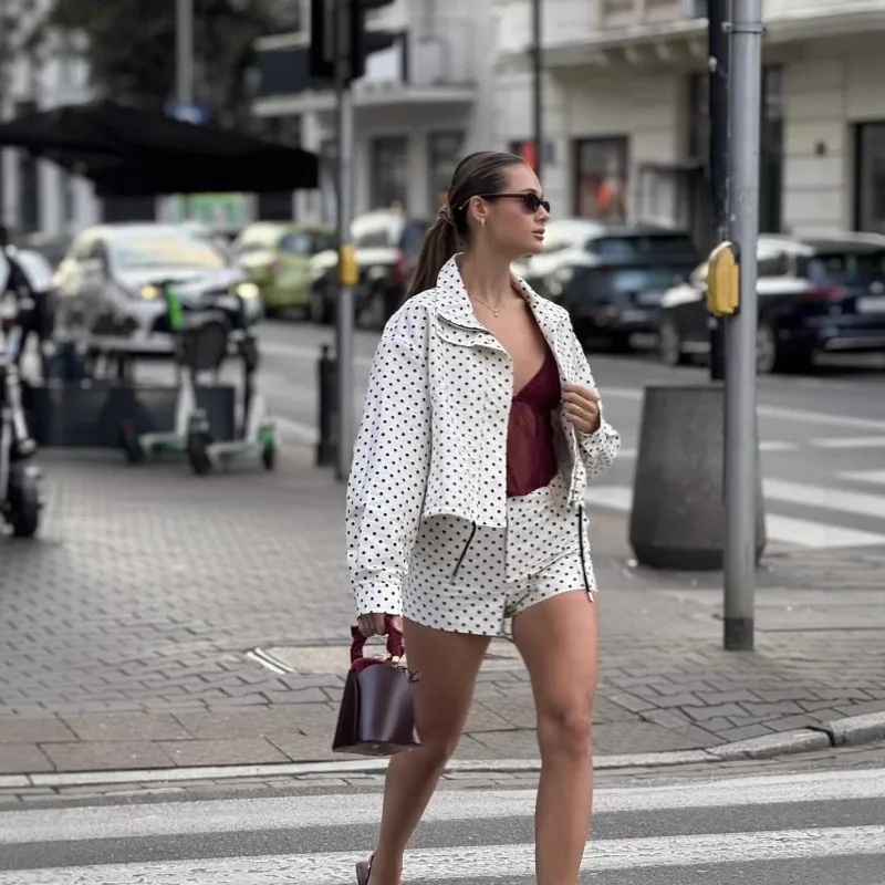 YLT Women 2026 New Hot Selling Stand Collar Polka Dot Seersucker Bomber Jacket Waist Drawstring Design Set Chic Trendy Hit Vogue