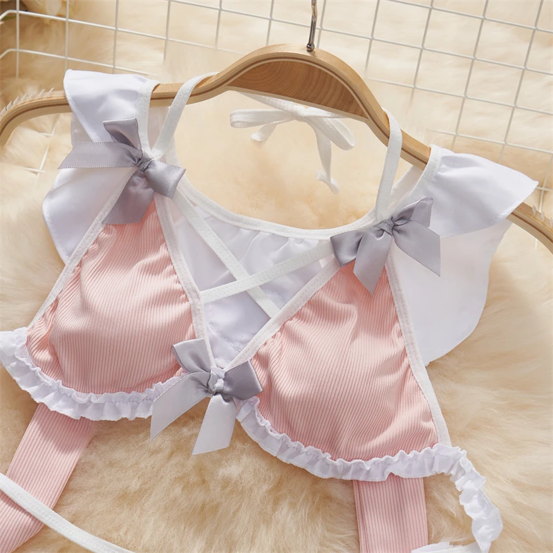 Cosplay Maid Y2K Patchwork Sexy Lingerie Bow Cute Pink Sweet Hot Lace-up Neck-mounted Crop Top Women Short Sets Hollow Skirt New