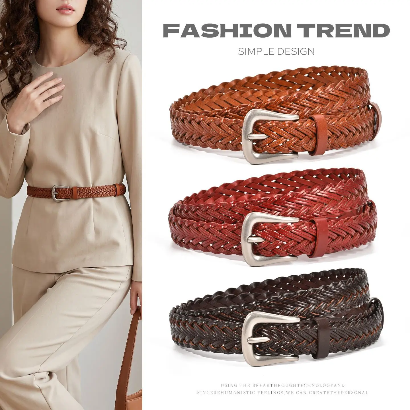 Women Braided Woven Belt Sliver Pin Buckle Faux Leather Waist Belt Multi‑color Adjustable Casual Waistband for Dresses Jeans