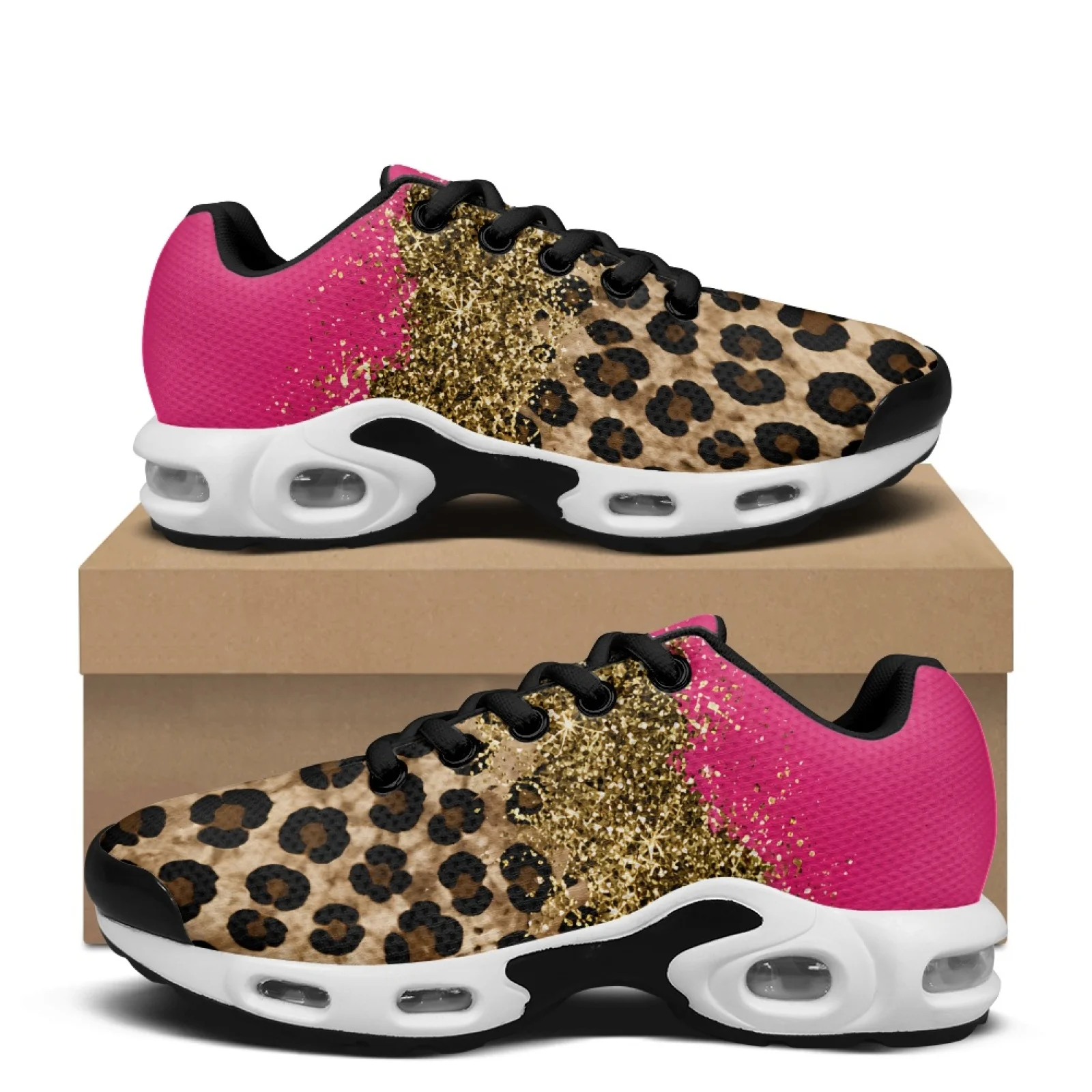 PENSTROLL Leopard Glitter Pink Print Men's Air-Cushion Running Shoes, Lightweight Breathable Mesh Sneakers for Walking