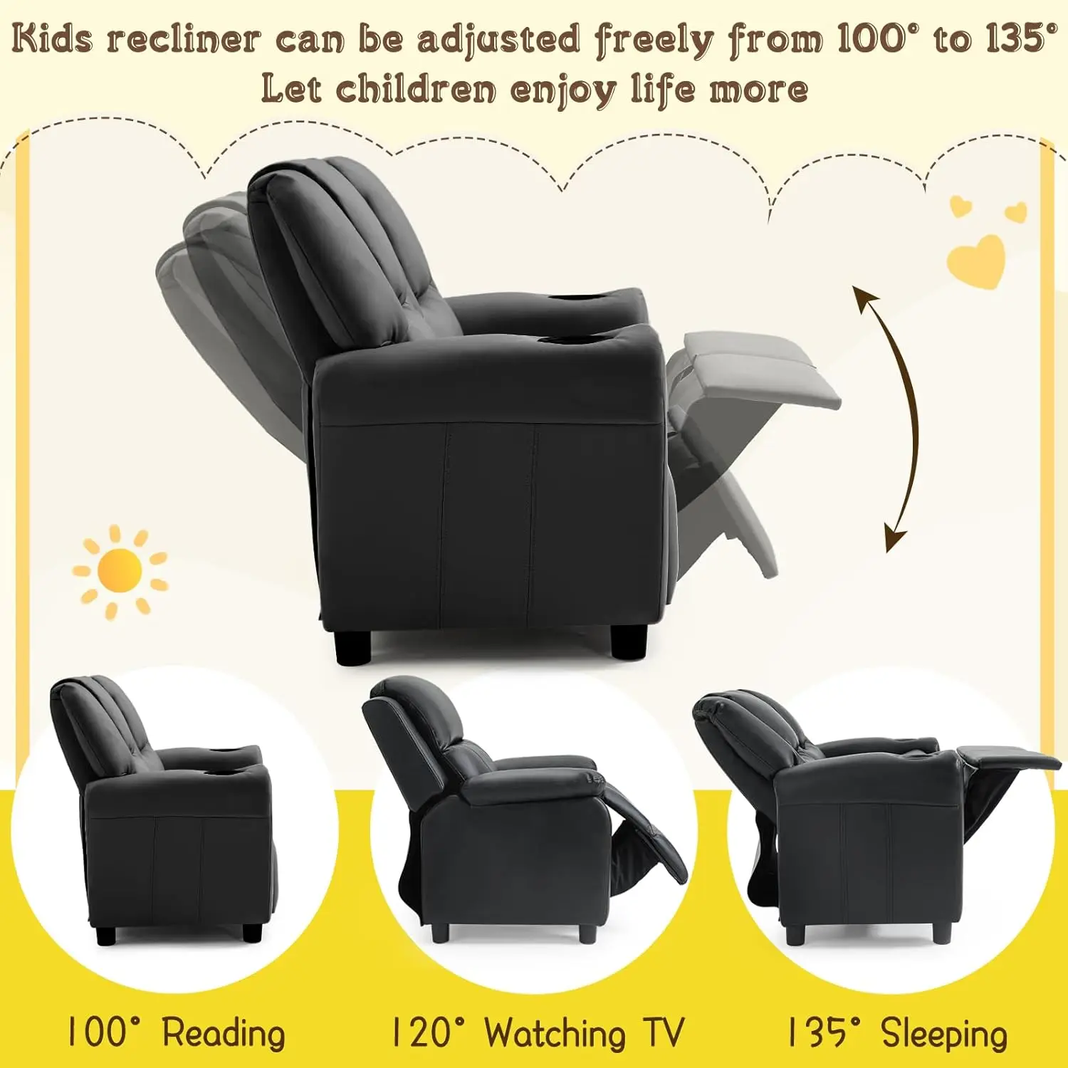 Kursi Recliner Anak, Loveseat Kulit PU dengan Tempat Cangkir, Sandaran Kaki & Sandaran Kepala yang Dapat Disesuaikan, Hitam