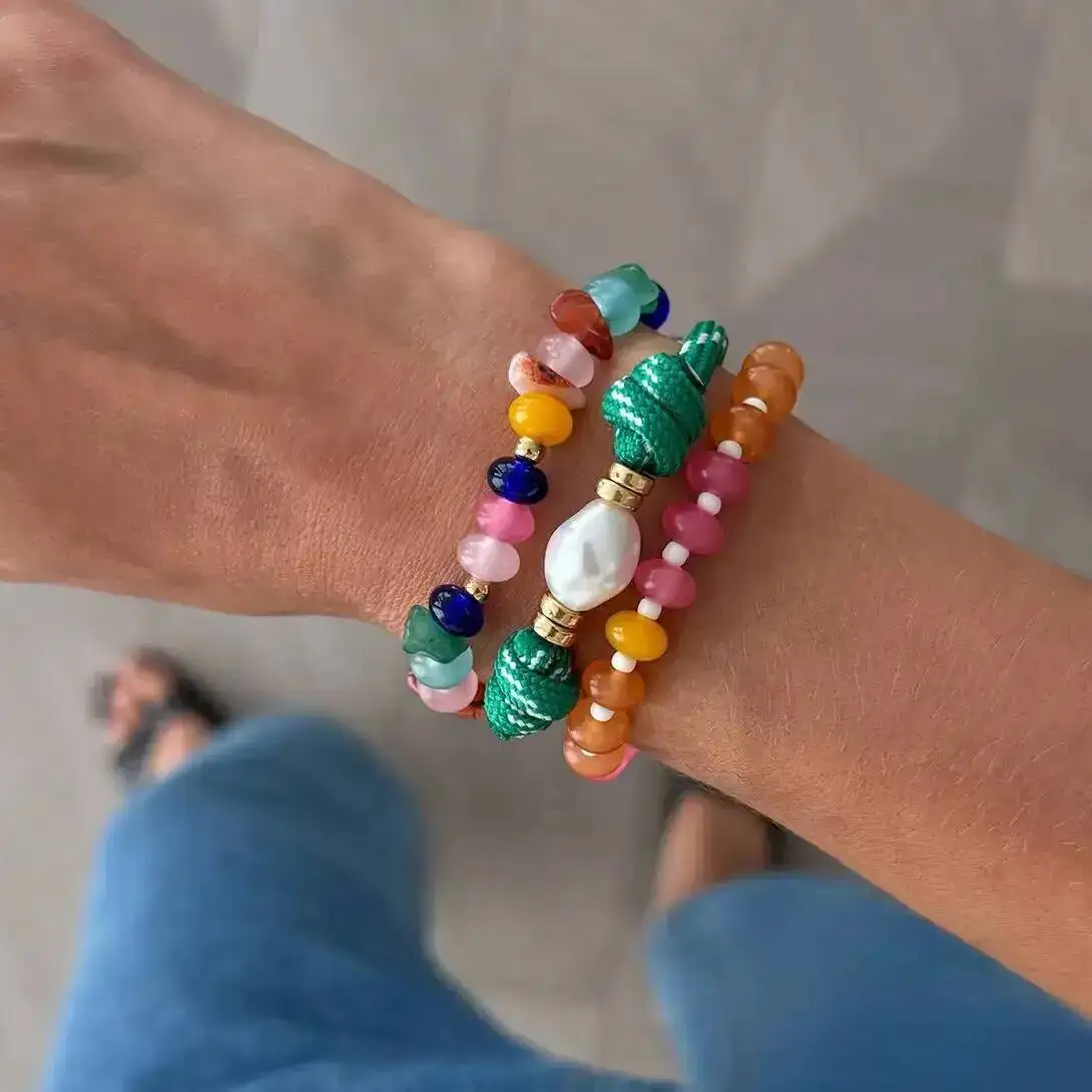 KunJoe 3Pcs/Set Colorful Multicolor Resin Bead Bracelet Women Bohemian Retro Pastel Hues Playful Summer Stackable Bangle Jewelry