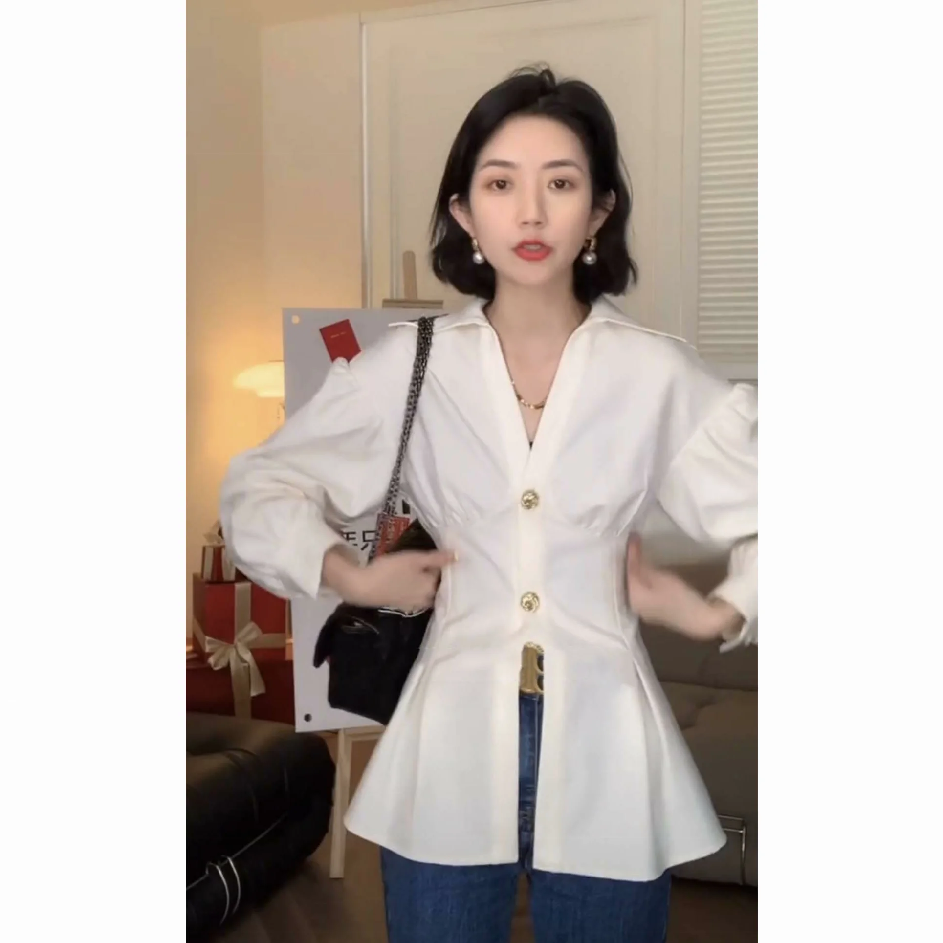 Elegant White Shirt Women's Fashion Slim Fit Button up Korean Style Long Sleeve Collar Pure Color Commute Style Top