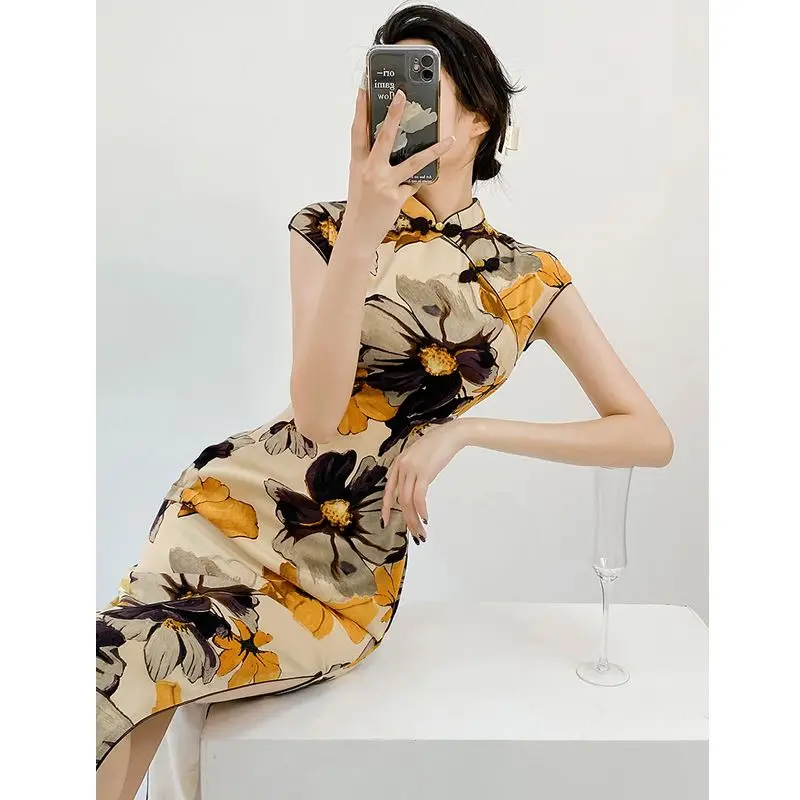 

Yourqipao Chinese Traditional Women Cheongsam Long Dress Fashion Retro Summer Daily Qipao Skirt Tang Suit Hanfu Evening Gowns