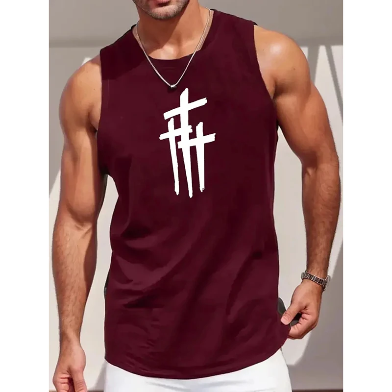 Cross Letter Graphic Print Men's Tank Top Summer Simple Fashion Gym Fitness Outdoor Training Sport Vest Men Sleeveless Shirt
