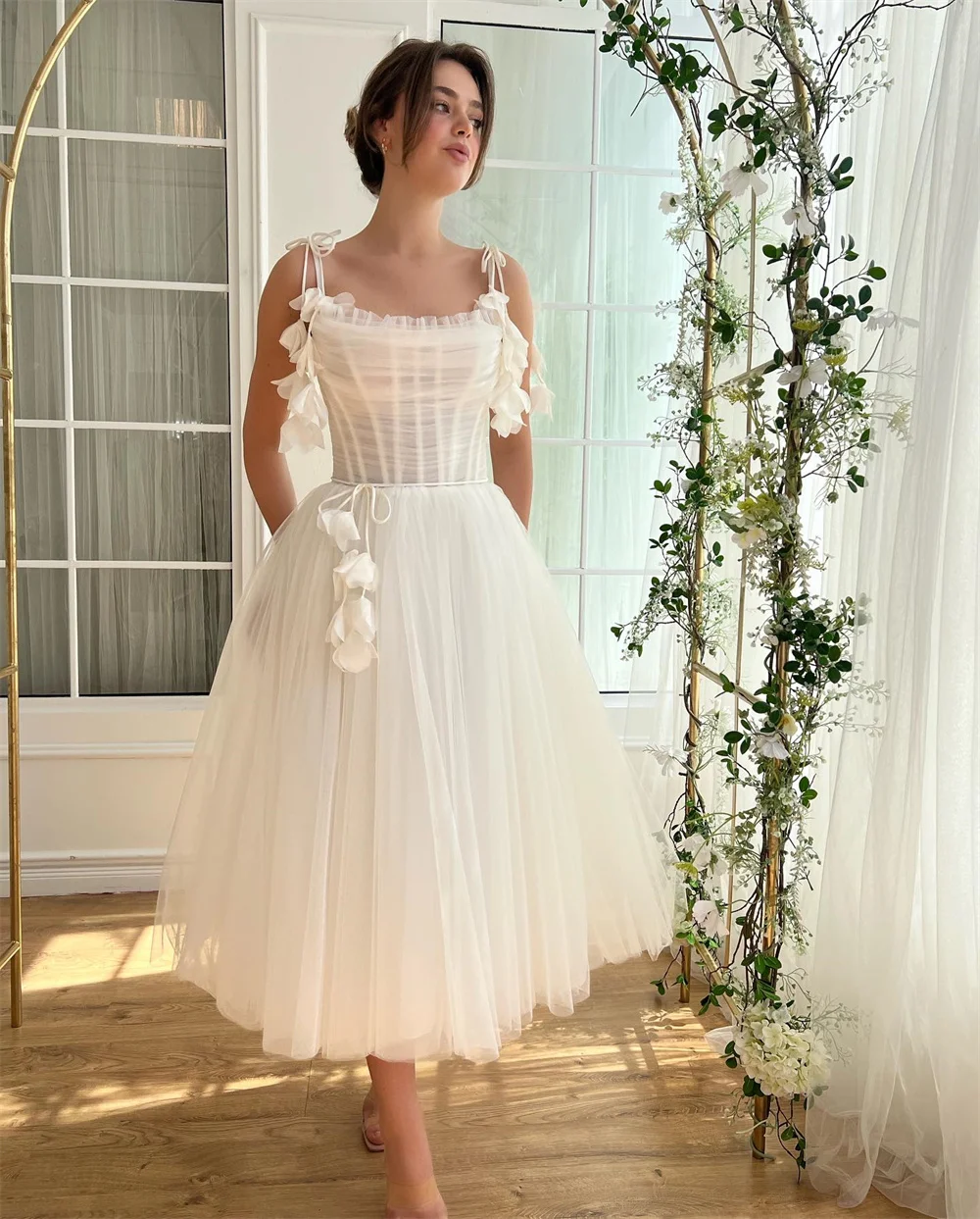 Cathy Princess White Tulle Wedding Dresses Spaghetti Strap with Flowers فساتين سهرة Elegant Ankle-length vestidos de fiesta 2024