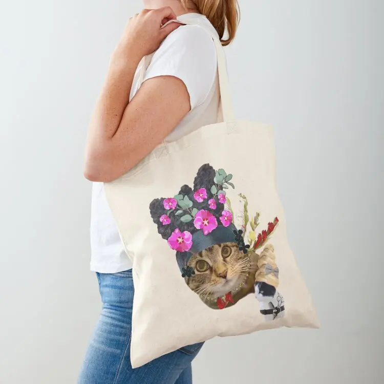 Painted flower kitty Tote Bag canvas tote bag reusable grocery bags cloth bag woman