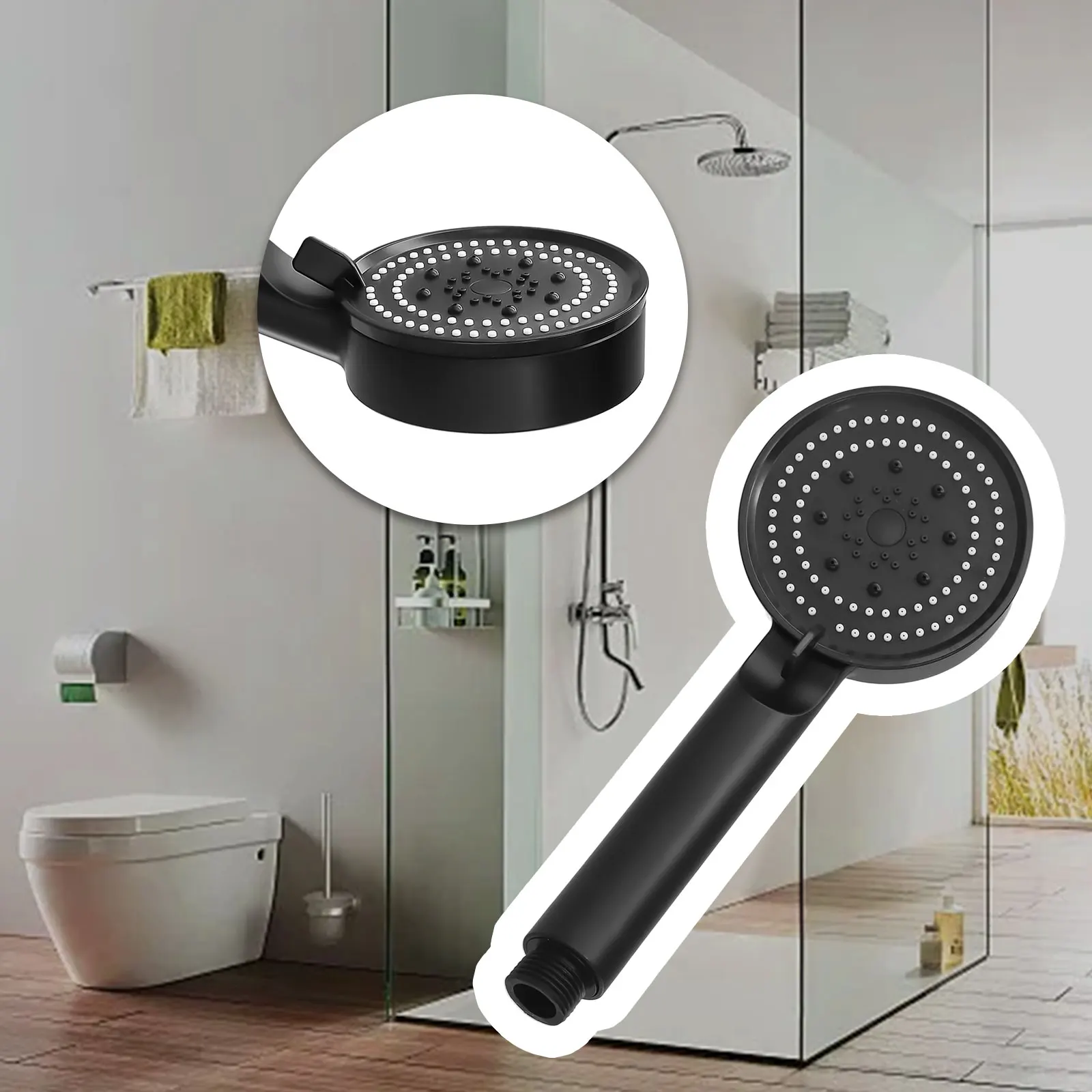 Hand Hold Shower Head 5 Modes Black Hand Shower Head Shower Head Set Upgraded Fixed Support Type Round ABS Plastic
