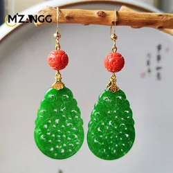 Natural Jade Dry Green Carved Bat Earrings 14K Gold Retro Ethnic Style Personality Earrings for Women Jewelry Mascot