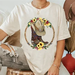 Cowgirl Boots Western Cowgirl Style T Shirt women Vintage sunflower Boots Graphic tshirt Summer Short Sleeve Tee cotton t-Shirt