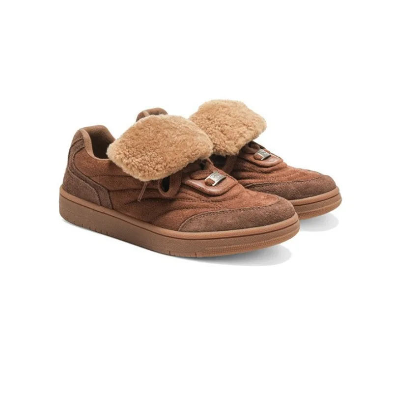 Women's Lace-up Fleece Sports Warm Moral Training Shoes Frosted Leather Lamb Wool Autumn and Winter Casual Sneakers