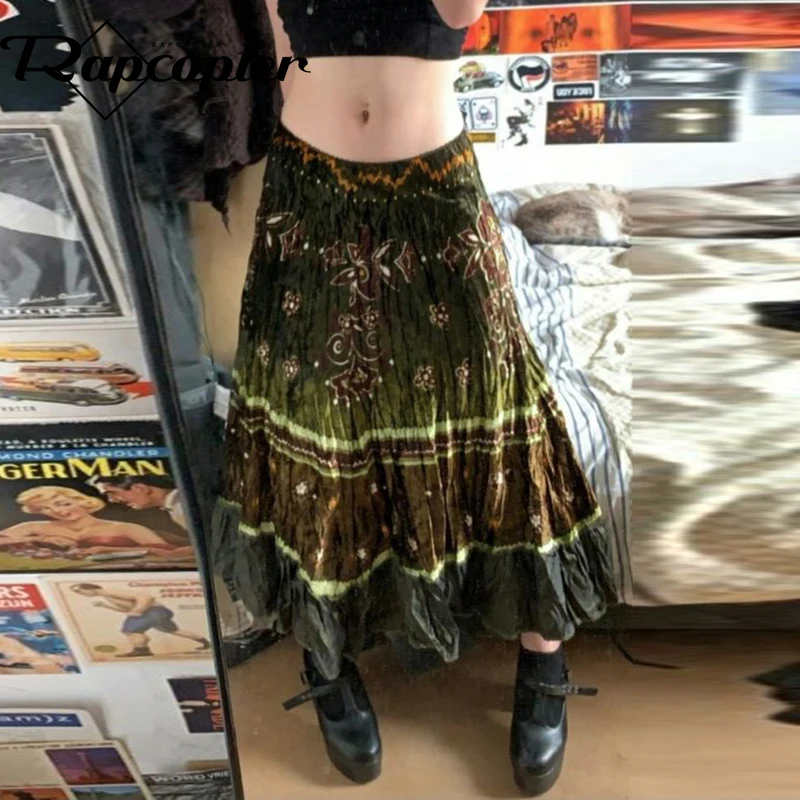 

Rapcopter y2k Grunge Print Pleated Skirts Women Fairycore Velvet Vintage Bohemian Hippie Long Skirts Holiday Harajuku Outfits