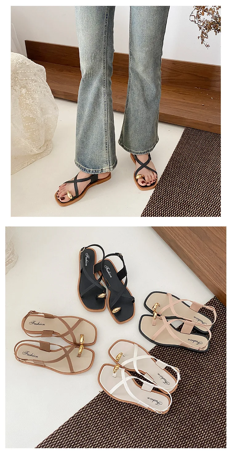 2026 Damen Sandalen mit flachem Absatz, Zehenclip, lässige Römersandalen, Sommer, schmaler Riemen, Knöchelschnalle, Strandschuhe für Damen – Detail 14