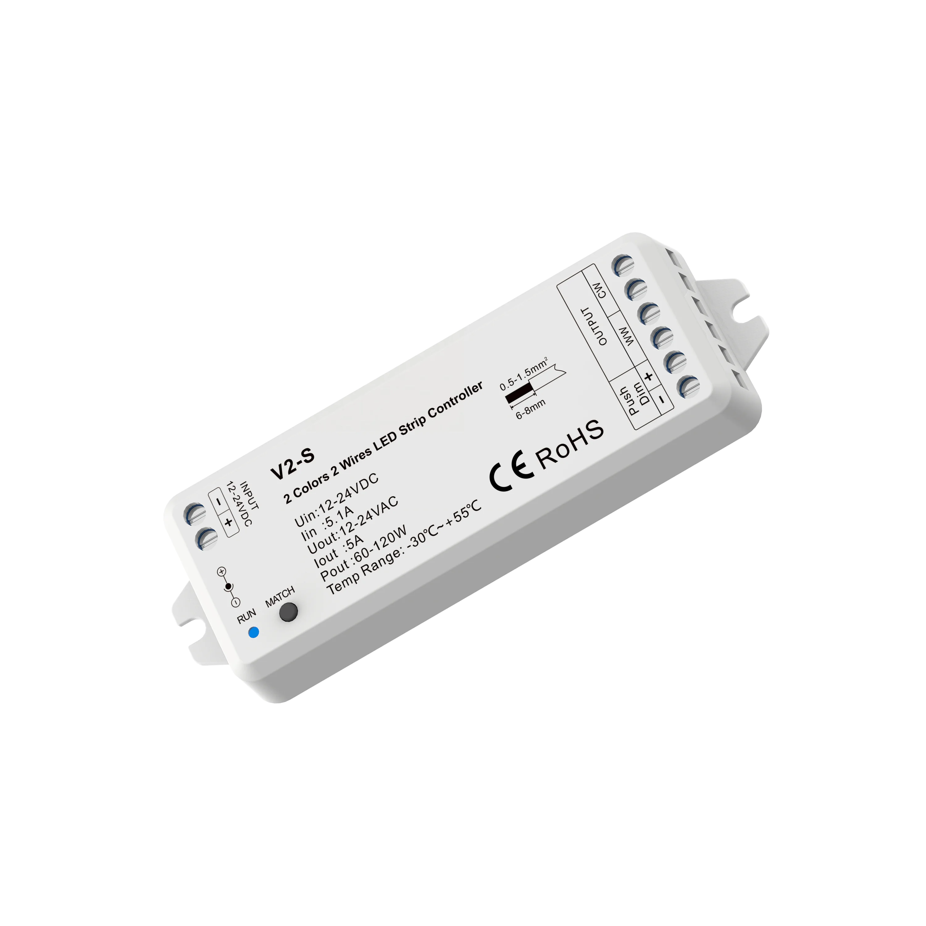 Controlador LED de 2 colores, receptor inalámbrico RF R12 de 12 a 24V de CC, 2 cables, 2,4G, Control remoto 0 a 100%, atenuación para 2 cables, tira LED WW + CW