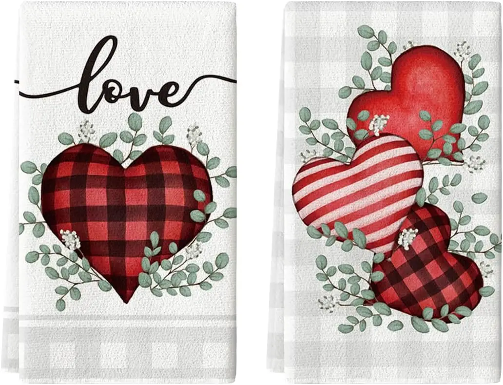 

Кухонные полотенца Red Buffalo Plaid Heart Love Valentine's, набор из 2 штук, 18x26 дюймов, для декора на годовщину и свадьбу