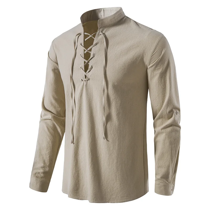 Рубашка мужская с длинным рукавом, Повседневная блузка из хлопка и льна, тонкая модная сорочка с V-образным вырезом, в винтажном стиле, лето