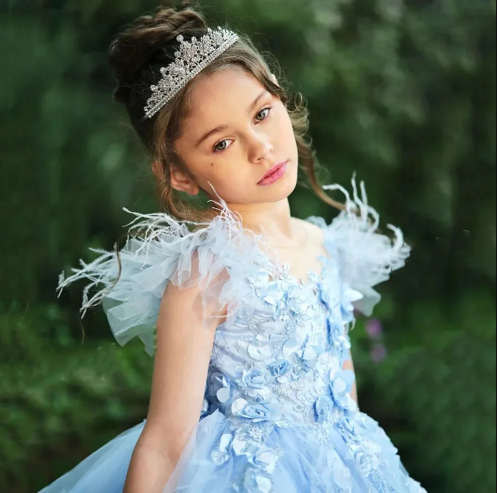 

Customized Sky Blue Flower Girl Dresses For Wedding Appliques Feather Layered Tulle Classic Princess Birthday Party Prom Gown