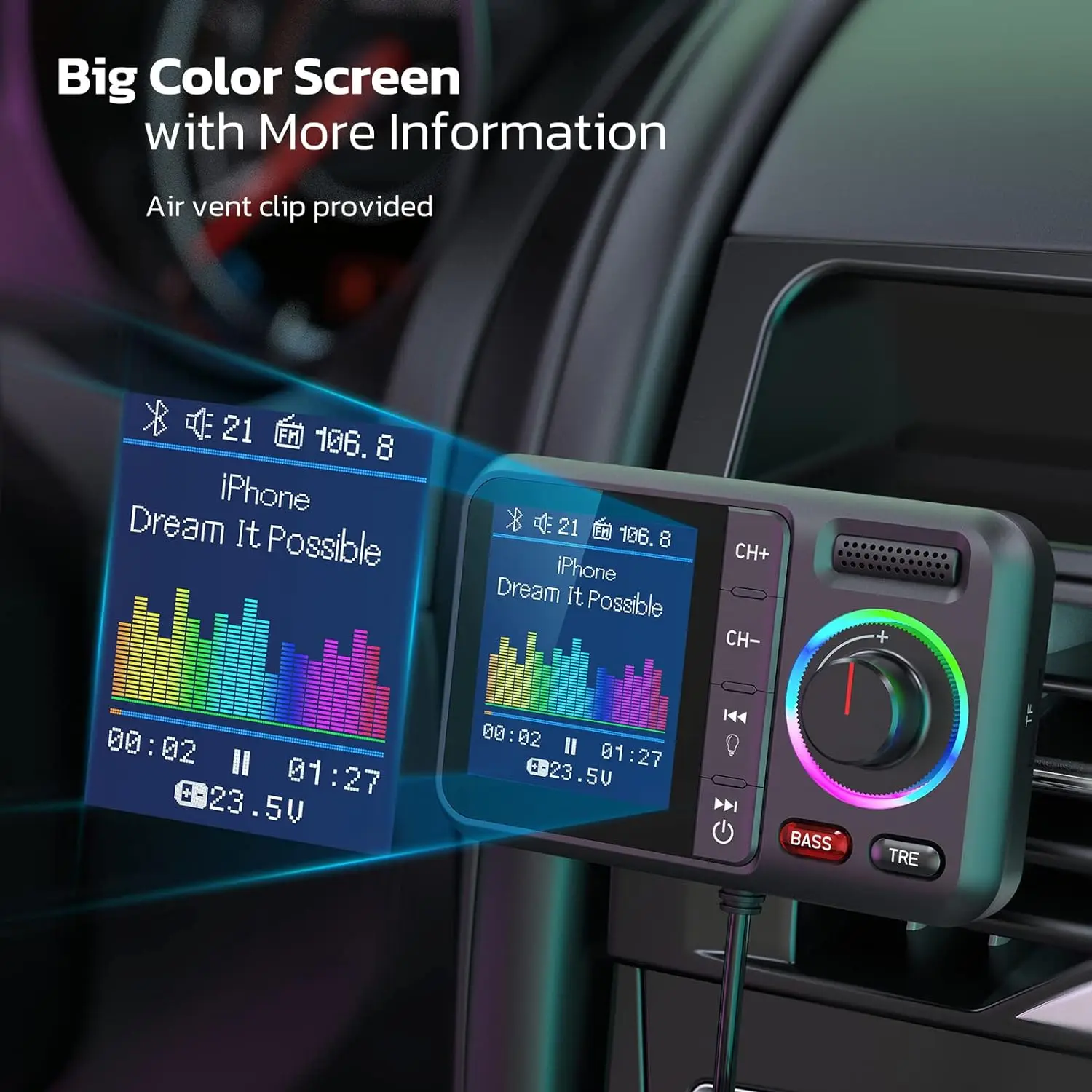 Multifunctional Wireless FM Transmitter with Big Color Screen 2.4A QC3.0 Dual USB Fast Charging Car AUX Adapter MP3 Music Player