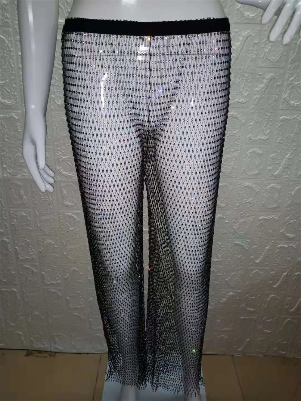 Damen-Mesh-Hose mit weitem Bein, Strass-Verzierung, hohe Taille, schmale Passform, transparente Hose, zum Überziehen über Jeans für Halloween-Party, Weihnachten, Nachtclub – Detail 17
