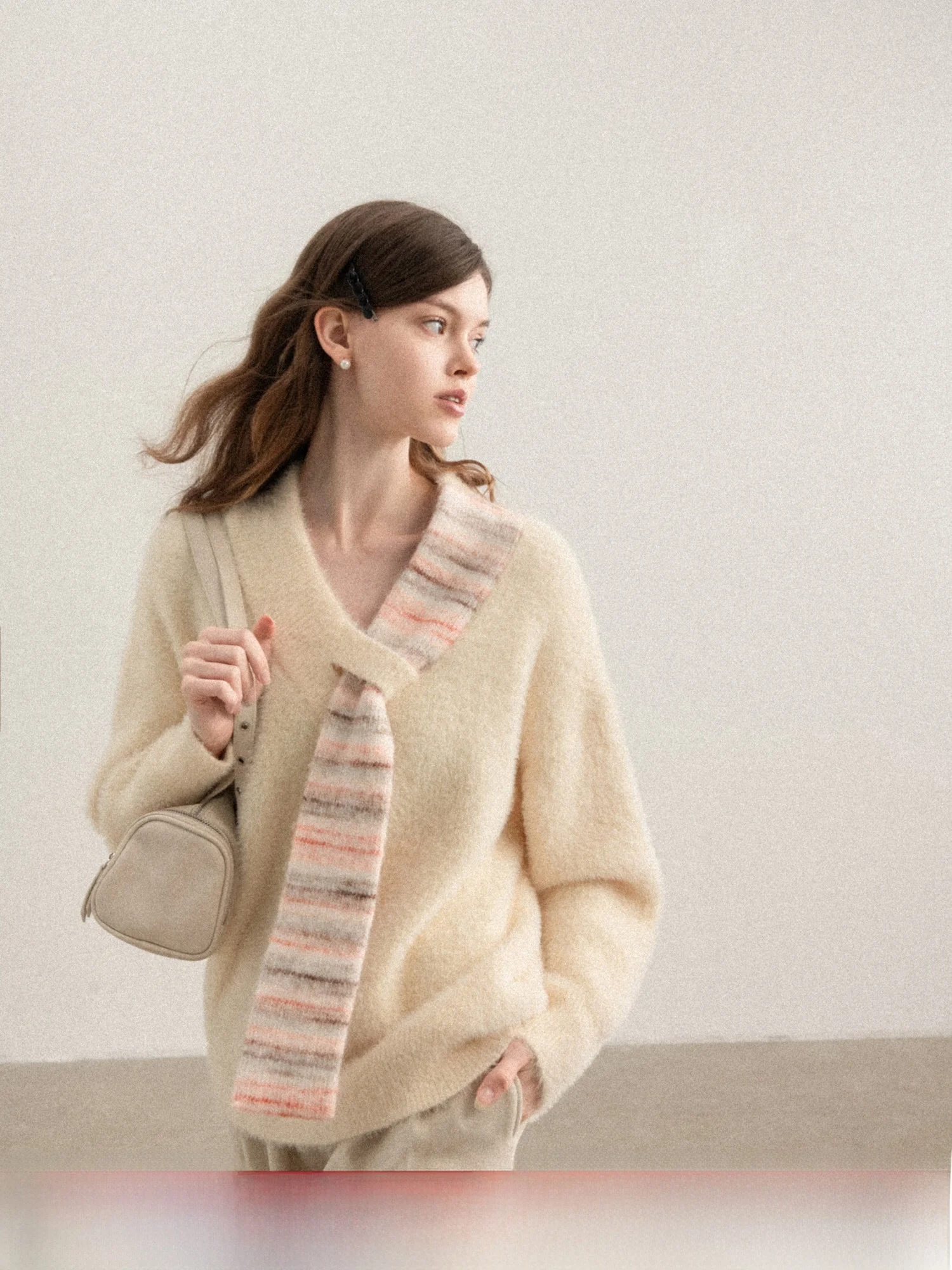 

Canton S Lazy Sweet Beige Loose V-Ne Scarf Splicing Knitted Sweater Women Winter New Sle Top Warm Thermal Long Sve