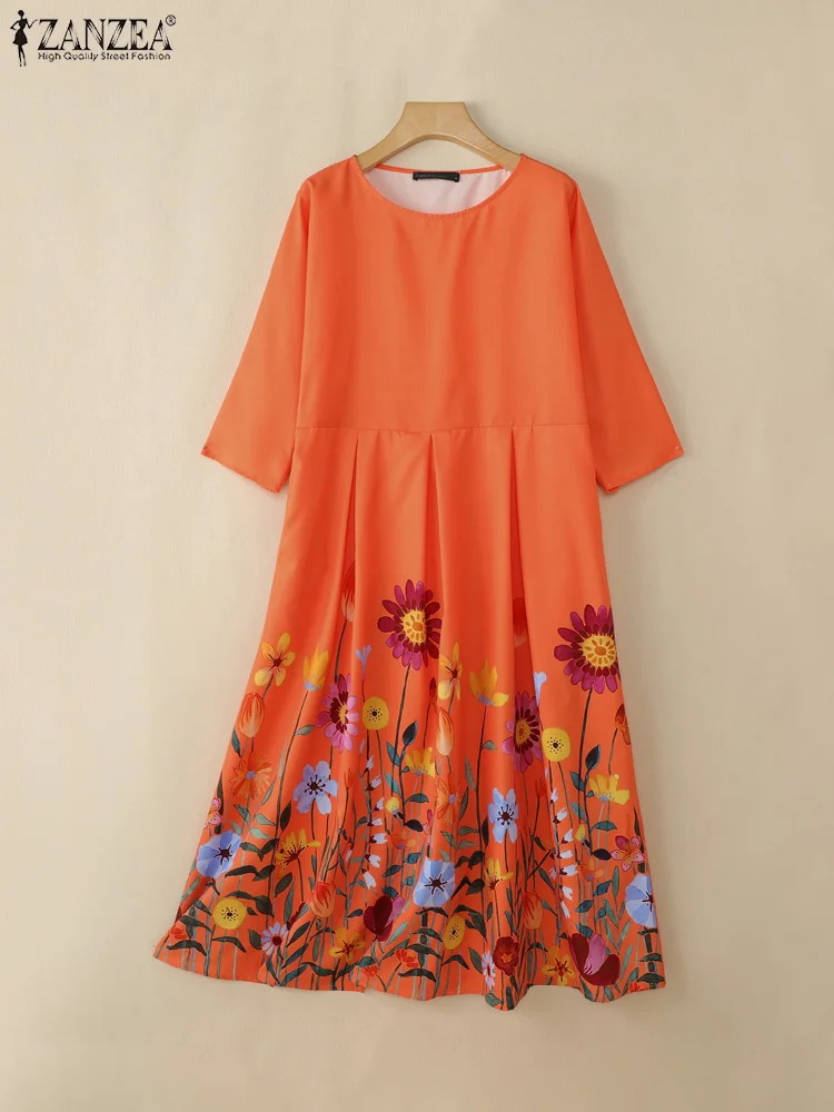 ZANZEA décontracté imprimé fleuri Robes Femme femmes plis inversés mode d'été Maxi Robes tenue de jour 3/4 manches col rond Robes