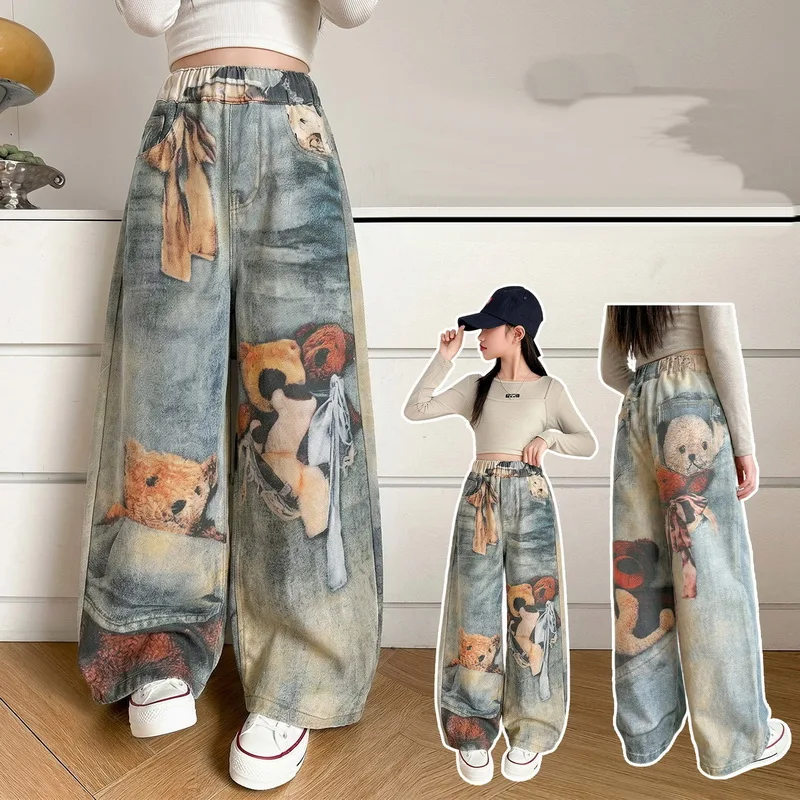 Girls Straight Loose Jeans with Bear Printed Spring Autumn Children's American Street Painting Wide Leg Denim Pants Kids Trouser