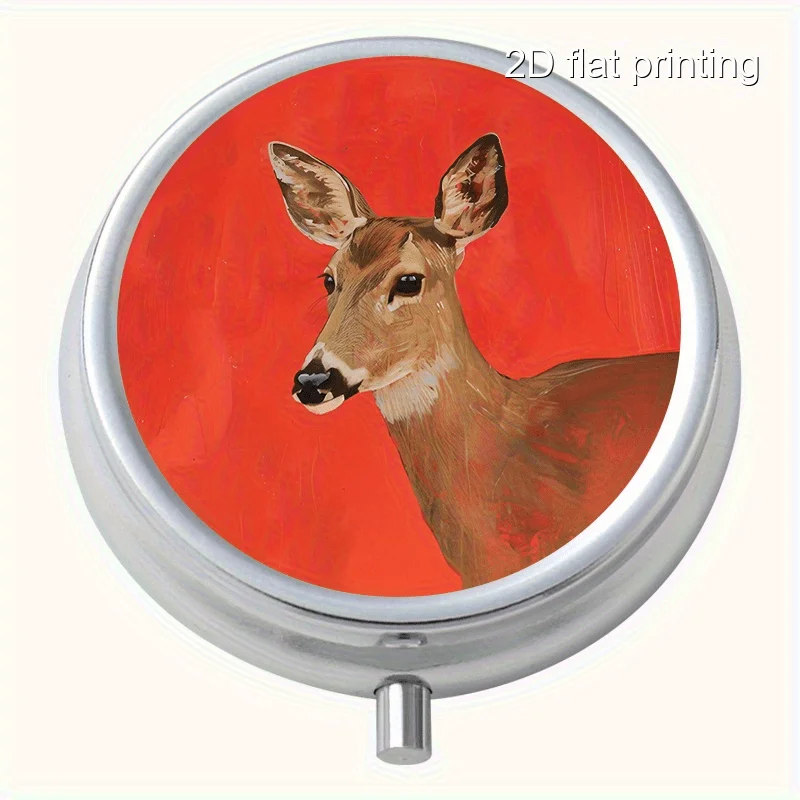 Creative Deer Print Pattern on Oil Painting, Round Metal Box with 3 Compartments, Portable Mini Metal Box, Vitamin Metal Box, Portable Metal Box for Home and Travel, Multifunctional Sorting and Storage Box, Decorative Box for Earrings and Jewelry, Multi-Compartment Storage Small Metal Box, Sealed and Moisture-Proof, Unique Holiday Gift for Family and Friends