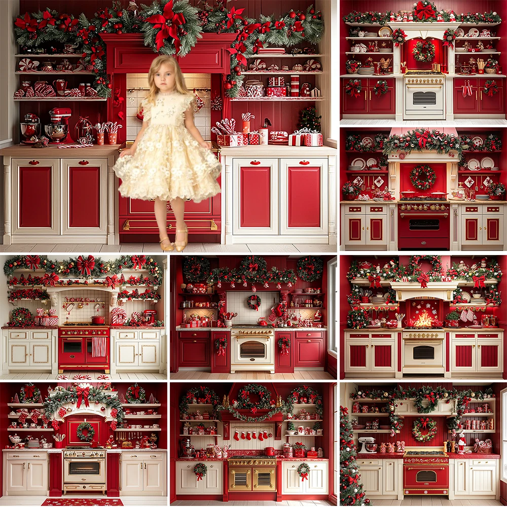 

Christmas Kitchen Photography Background Xmas Wreath Cabinet Decoration Supplies Children's Holiday Photo Backdrops Studio Props