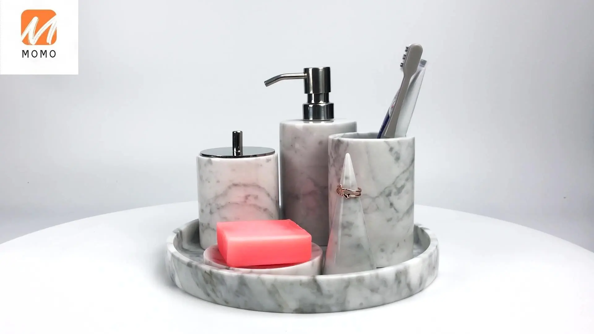 White Natural Marble Stone Polished Bathroom Accessory Complete Set For Vanity Countertops