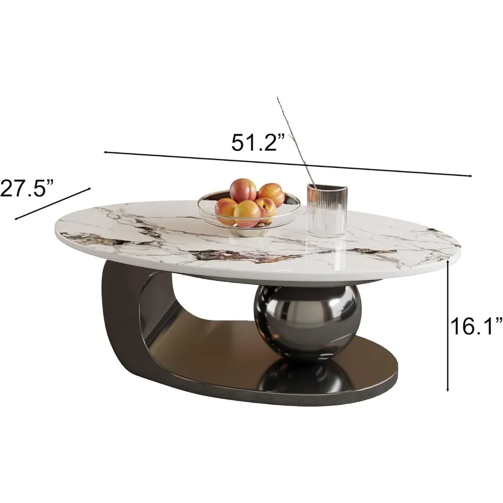 Mesa de centro ovalada moderna para sala de estar, mesa de café de piedra sinterizada de 51,2 "con Base de acero inoxidable negro