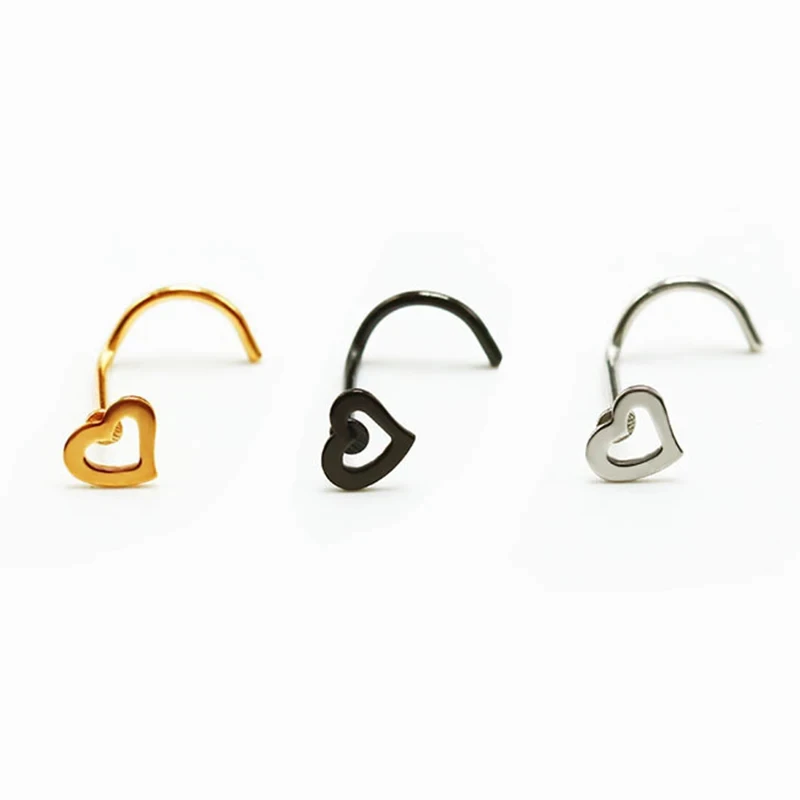 1PC Hollow Stainless Steel Heart Nose Studs Nose Hooks Bone Studs S Curved Nostril Body Piercing Multicolor Nose Rings Jewelry