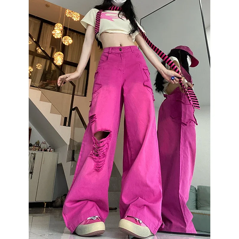 

Rose Red Women's Jeans High Waist Vintage Straight Baggy Denim Pants Streetwear Holes Design Fashion Wide Leg Denim Trouser