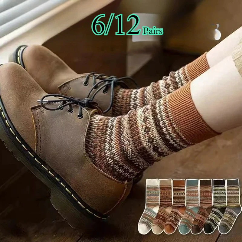 

6/12 Pairs Autumn/Winter Retro Pattern Women's Round Neck Socks Warm Comfortable Fashionable Ethnic Style Outdoor Casual Socks