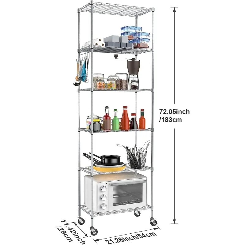 6-Tier Storage Shelf Wire Shelving Unit Free Standing Rack Organization with Caster Wheels, Stainless Side Hooks, Silver Gray