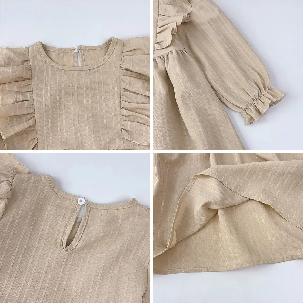 Autumn Kids Dresses for Girls Round Neck Long Sleeved Pleated Edge Solid Color Dress Kids Clothes Children\'s Daily Casual Wear
