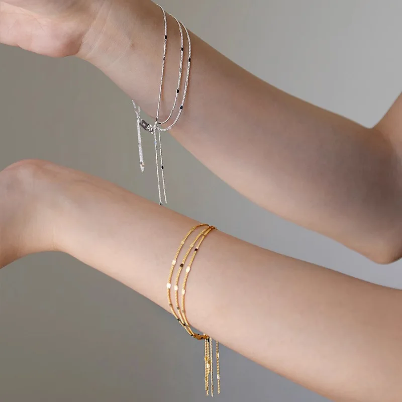

New Arrival 925 Sterling Silver Three-Layer Chain Irregular Bracelet For Women Tassel Design Versatile Fashion Jewelry Wholesale