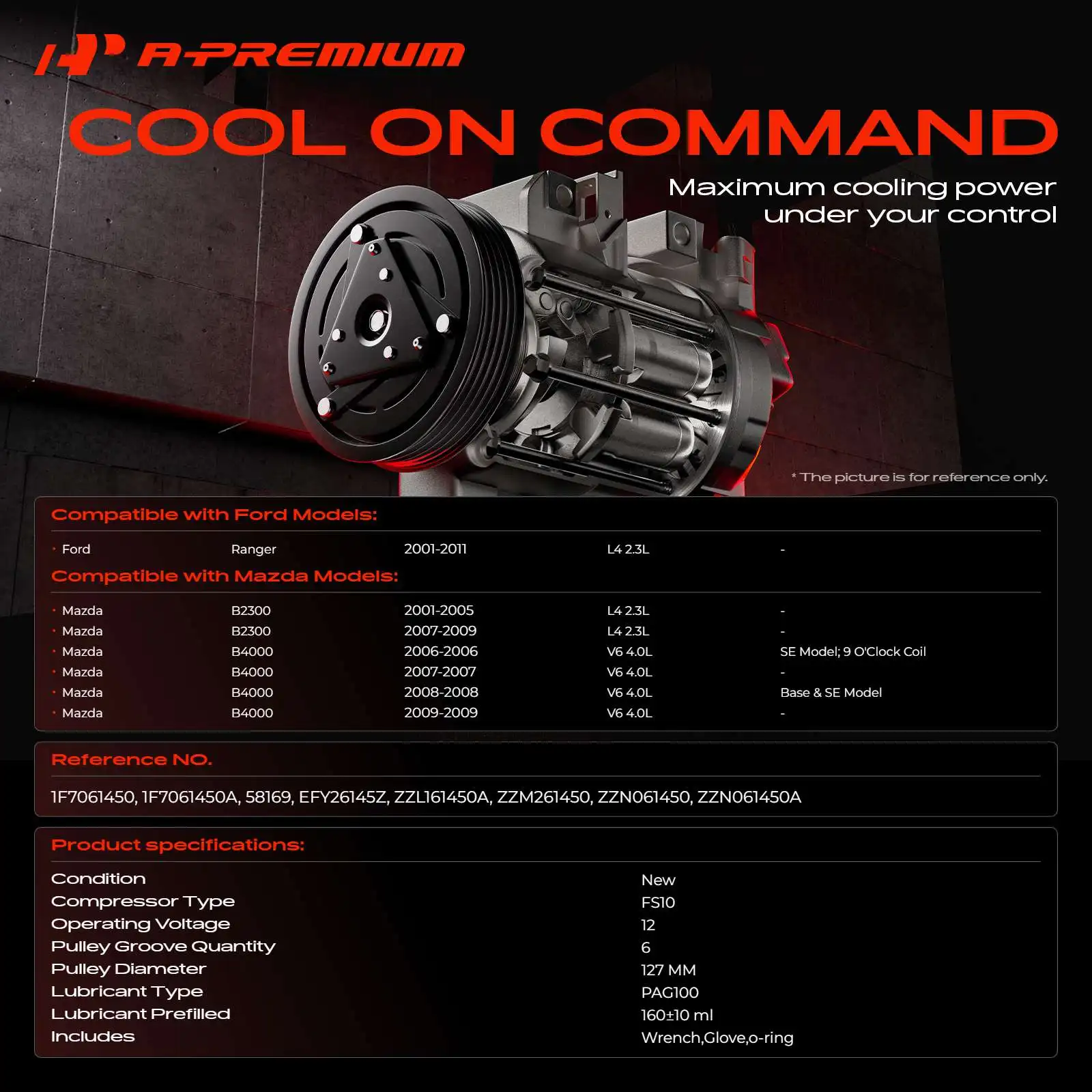 A-Premium AC Compressor with FS10 for Ford Ranger 2001-2011 Mazda B2300 2001-2005 B4000 2006-2009