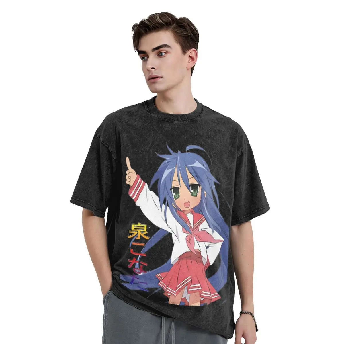 Lucky Star Anime Konata Izumi T Shirts Washed Short Sleeve High Street T-Shirt Casual for Men Women Tops Streetwear Printed Tees