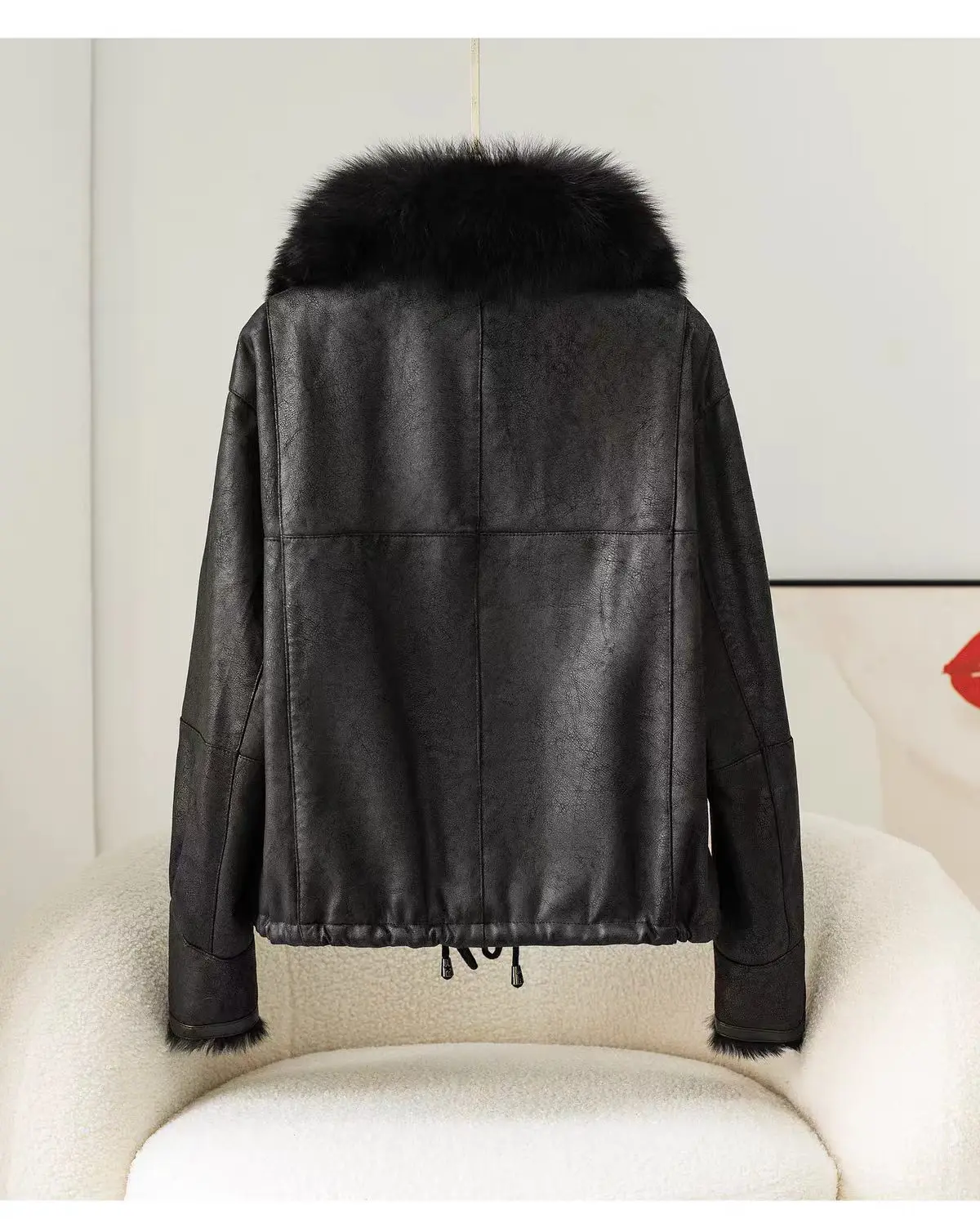 2024 Autumn and Winter Short Fur Women's Sheepskin Jacket Tinned Suede Fabric 100% Natural Rabbit Fur Lining Women's Wool Collar