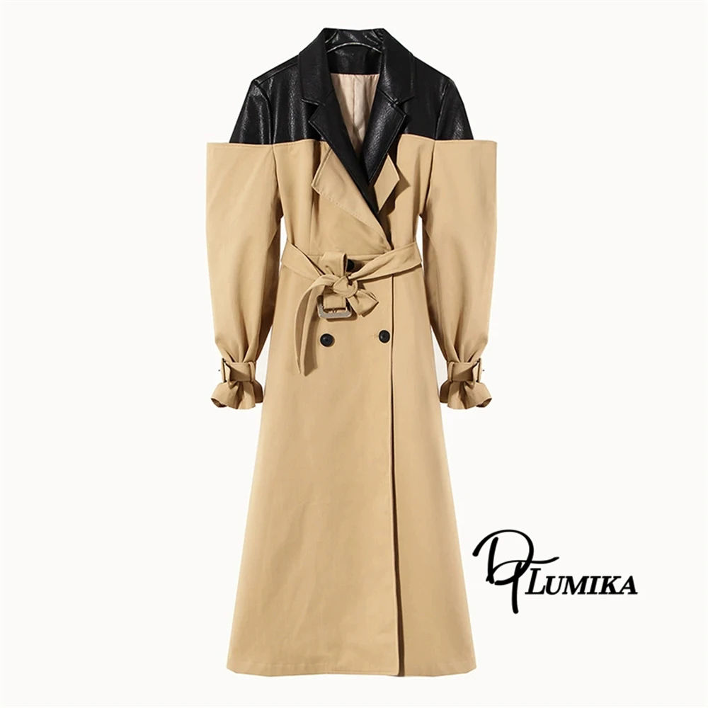 DTLumika Double Breasted Trench Coat for Women Patchwork Womens Long Coat for Autumn Khaki High End Outfit