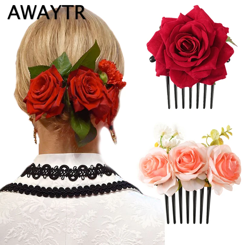 AWAYTR Boho Double Flannel Rose Hair Clips For Women Girl Hair Band Fork Comb Hairpin Flower Jewelry Hair Accessories