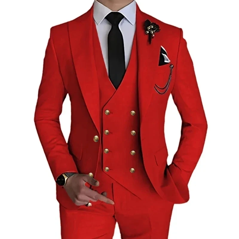 3 Pcs Set Dress Blazers Jacket Vest Pants / 2024 Fashion New Men Metal Button Stretch Fabric Casual Business Slim Fit Suit Coat