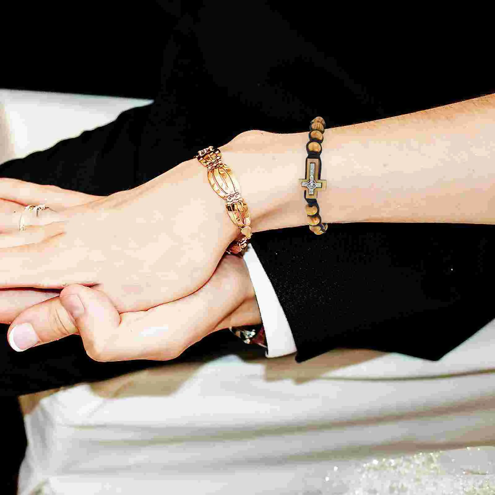 2 Pcs 망 펑크 팔찌 묵주 비즈 소나무 나무 펜던트 팔찌 남자 나무 손목 세례 선물 손님 미스