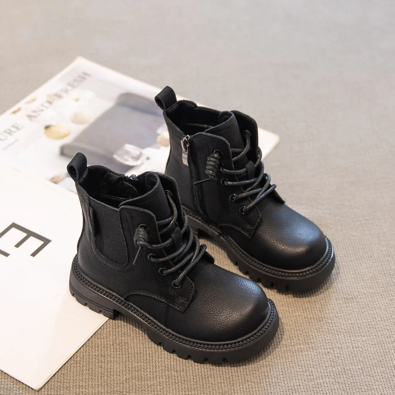Kids Ankle Boots Boys Girls Lace-Up Side Zipper Non-Slip Soft Sole Winter Warm Booties Toddler Shoes for Outdoor School Daily