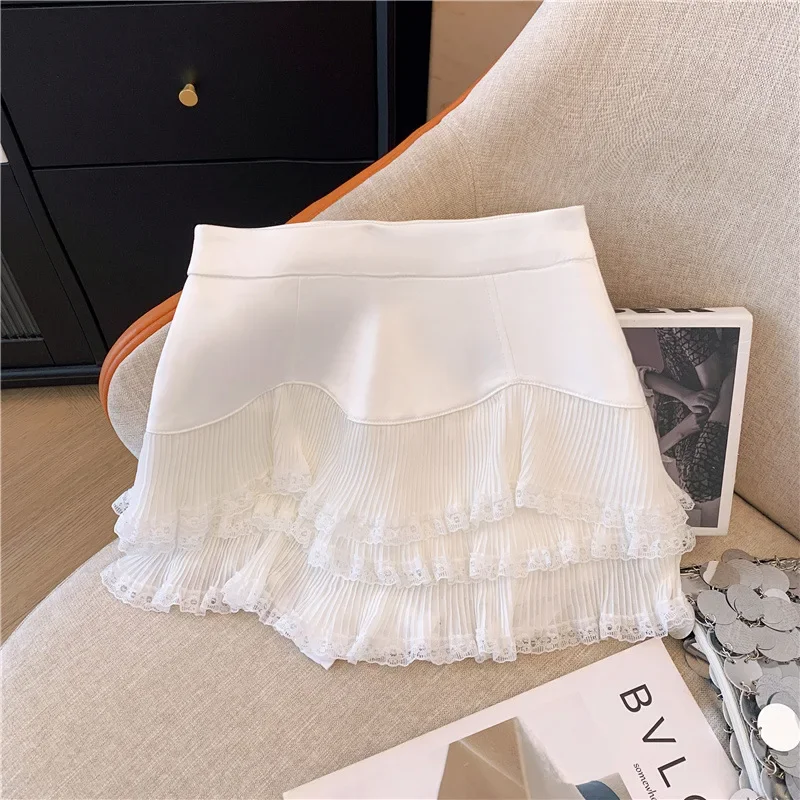 Sweet Lace Ruffle Mini Skirt Women Summer High Waist Patchwork Pleated Skirts Y2K Female Korean Fashion Preppy A Line Skirts