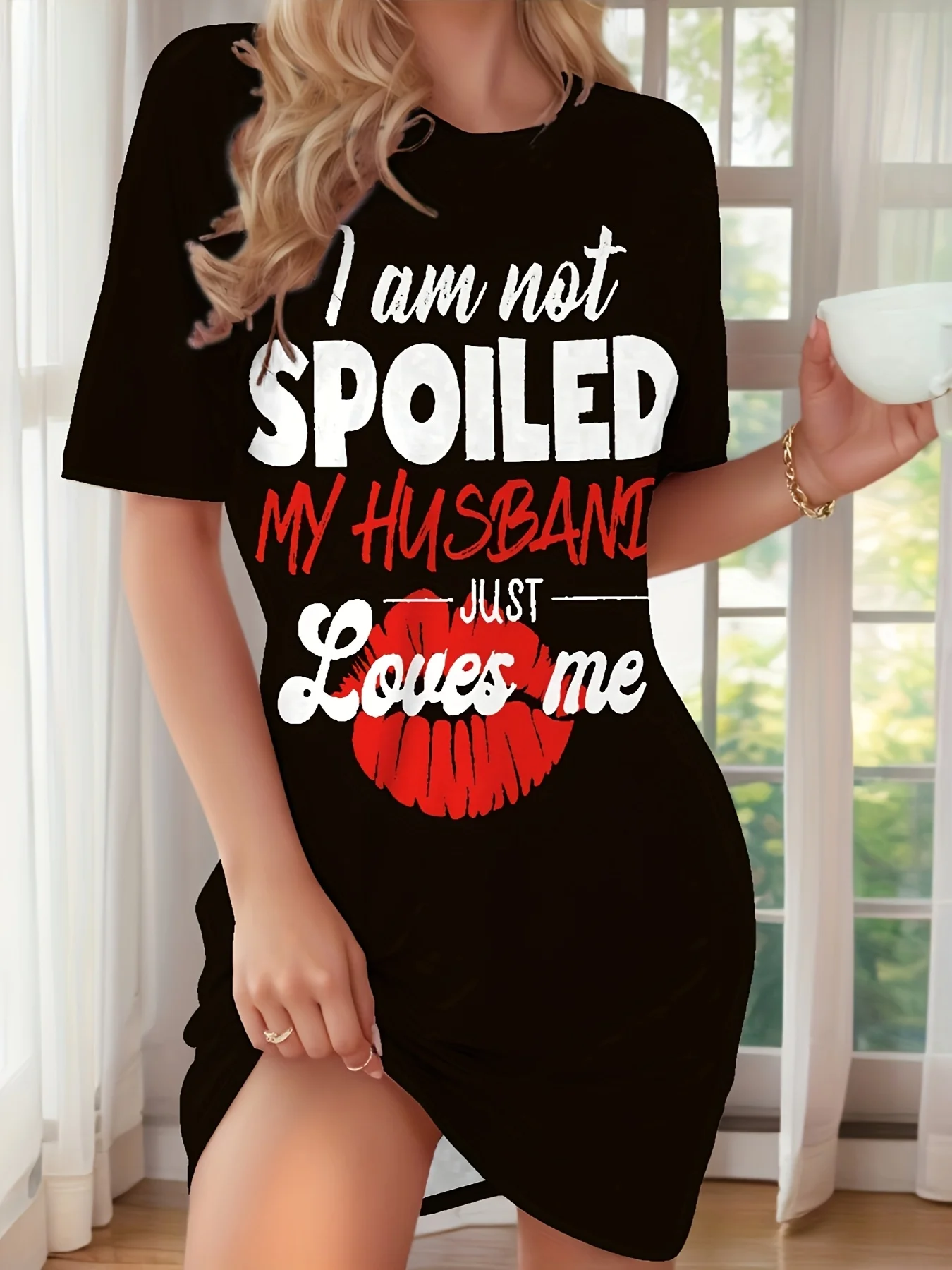 

Лето I am not Spoiled My HUSBAND Love me с принтом, женское платье большого размера из искусственного хлопка, высококачественная пижама с круглым вырезом, домашняя одежда